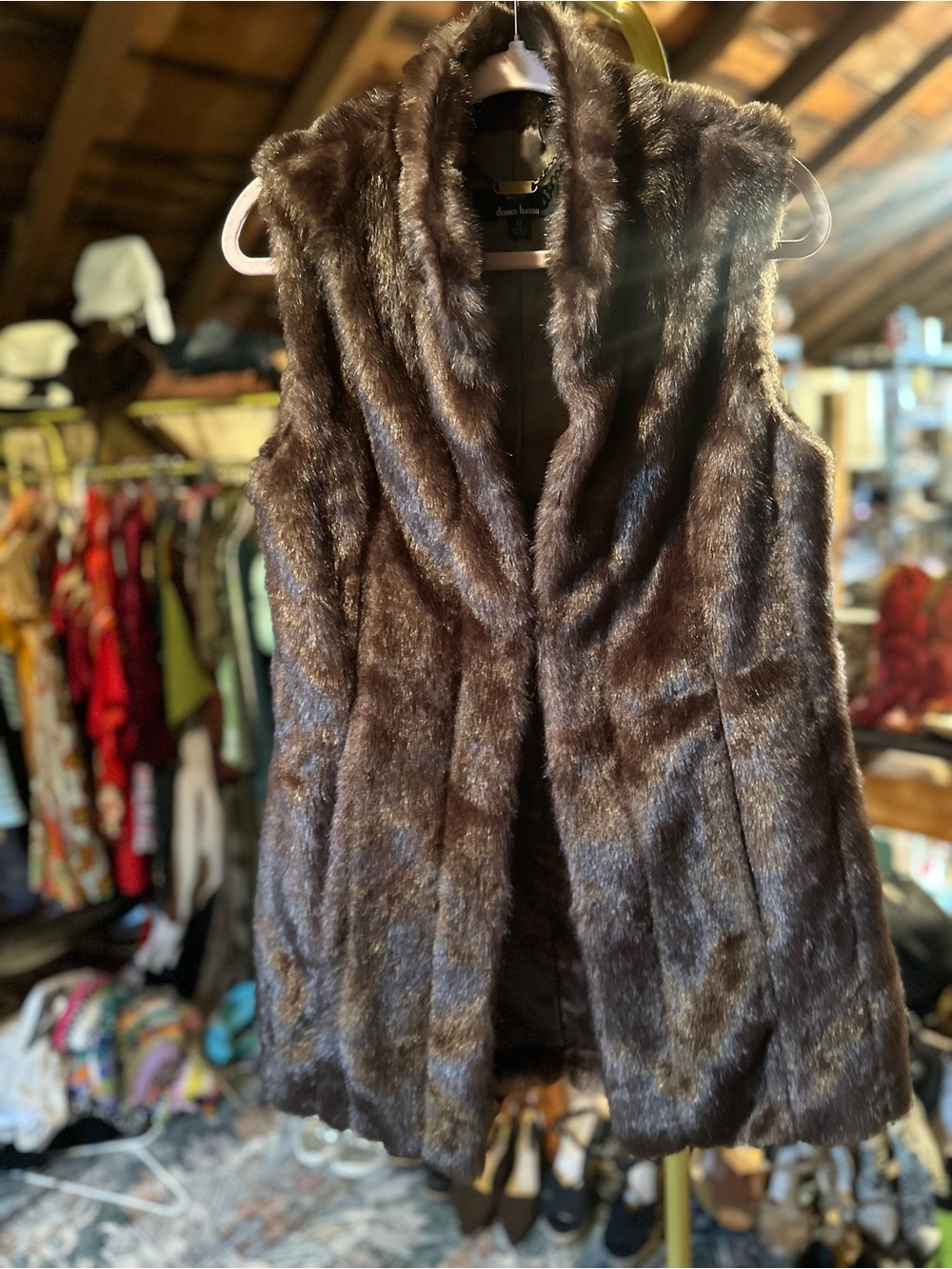 dennis basso Brown Faux Fur Coat with Chain Hanger